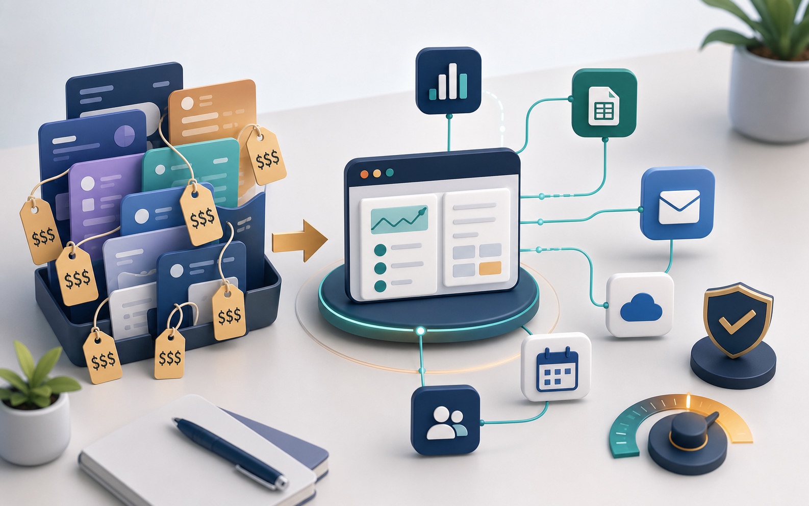 Illustration of subscription cards and useful software tools connected to a small owned system.