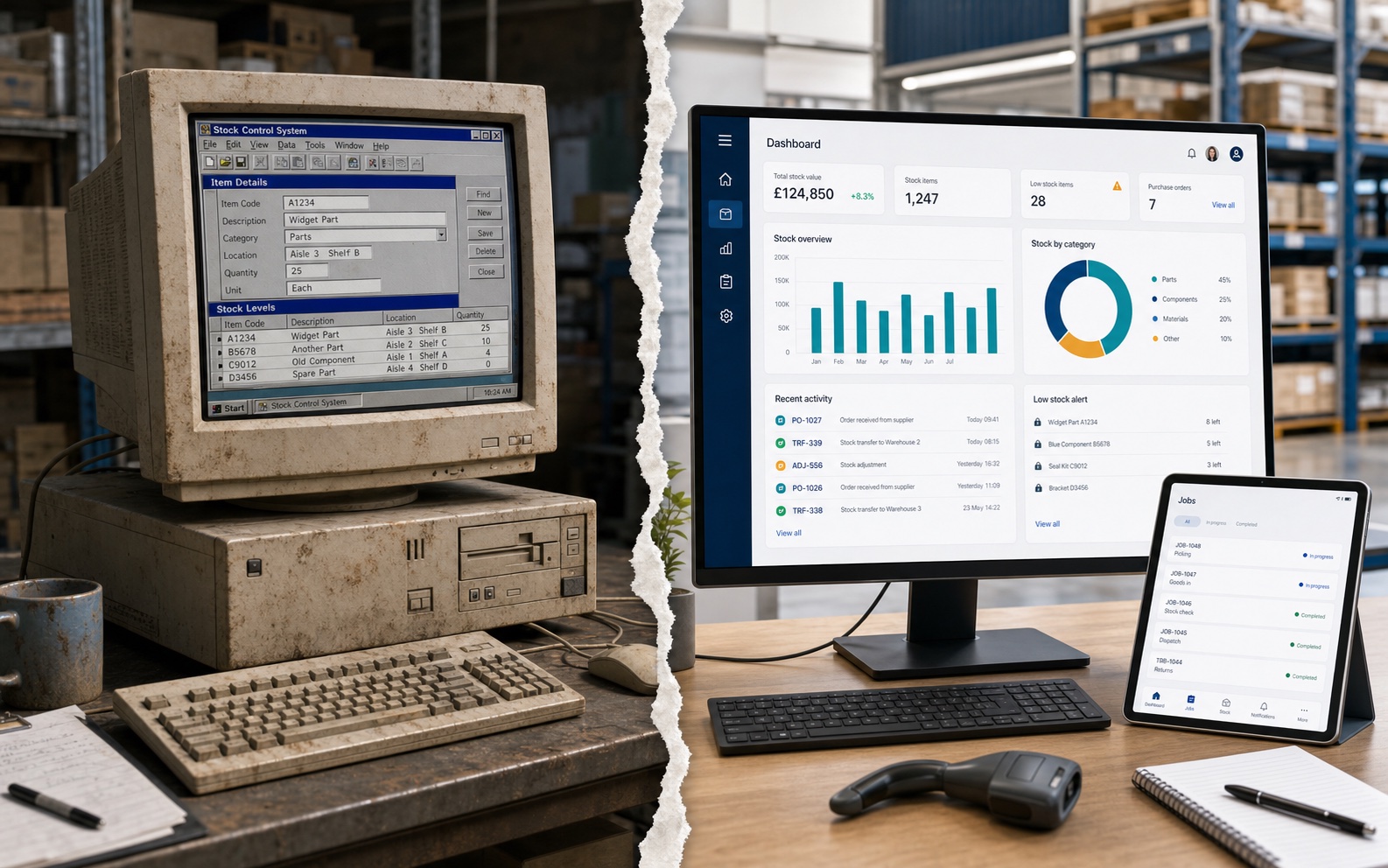 Illustration of an old dusty warehouse computer running outdated software on the left, separated by a torn transition from a modern replacement dashboard on the right.