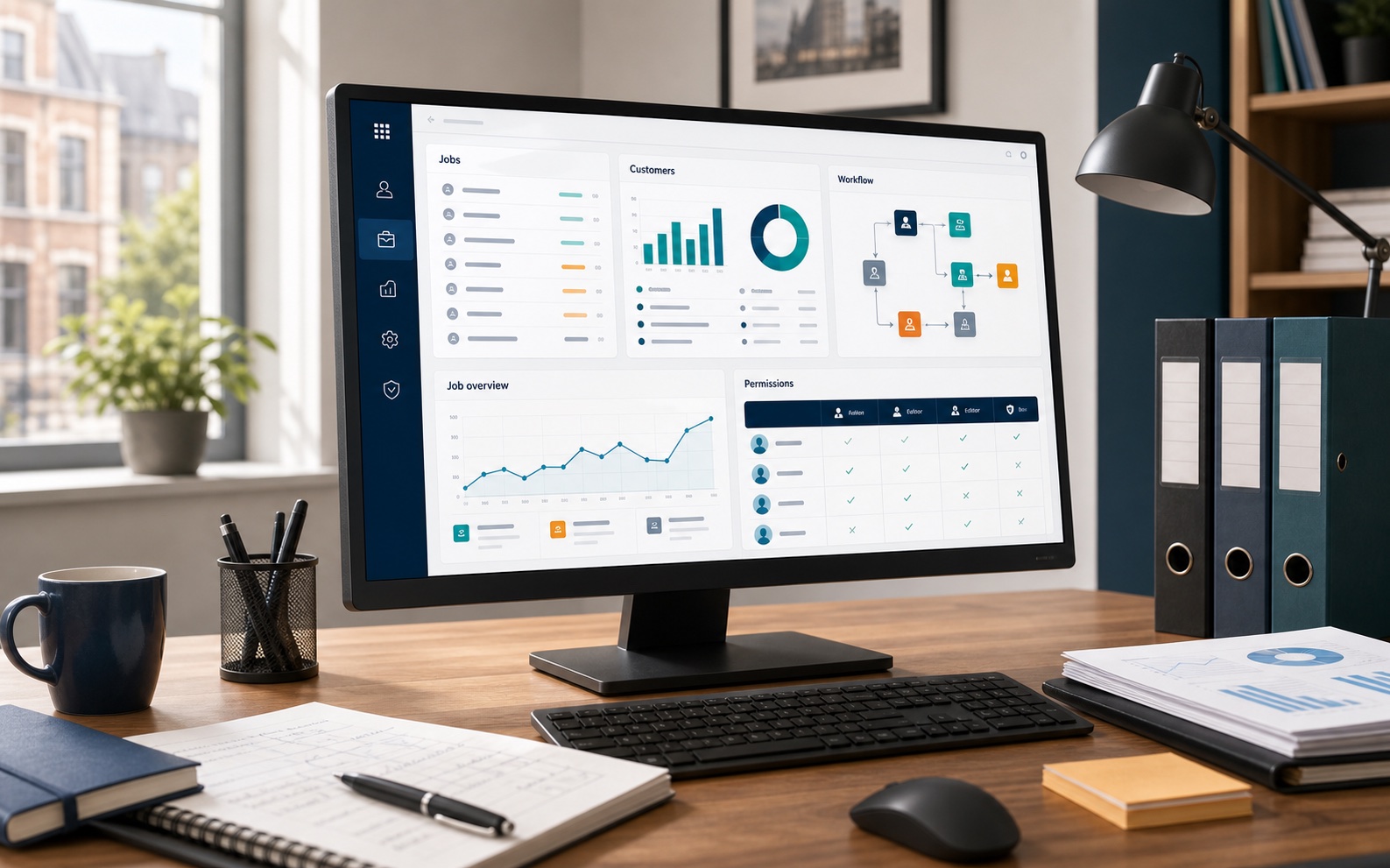 Desktop PC showing a custom business software dashboard with workflow and access panels.