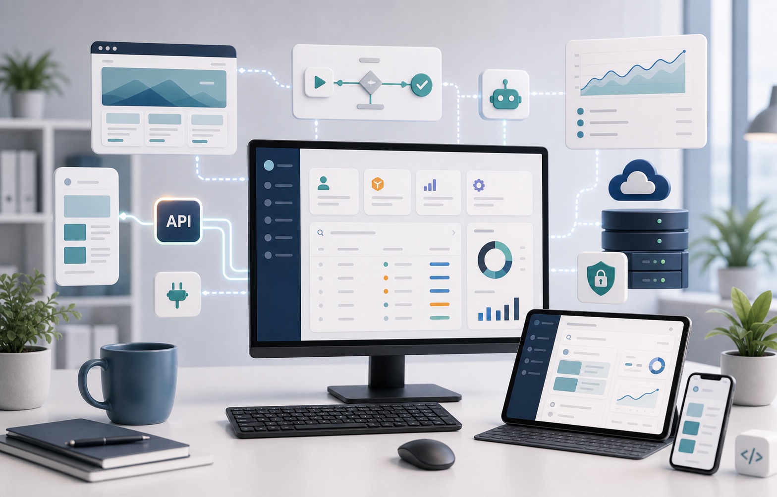 Connected toolkit of desktop screens, mobile interfaces, dashboards, automation and secure hosting.